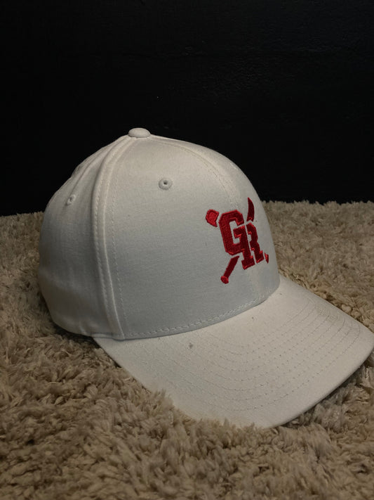 White Flexfit Baseball Cap with Embroidered Red Logo